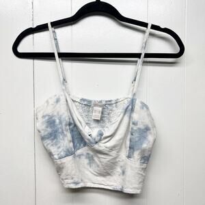 ReVamped Linen Blend Tie Dye Blue & White Cropped Top Size Medium Smocked